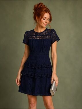 Navy Lace Tiered Mini Dress by DEX.  Size XS